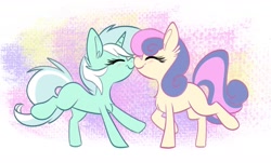 Size: 1280x773 | Tagged: safe, artist:lbrcloud, artist:littleblackraencloud, imported from derpibooru, bon bon, lyra heartstrings, sweetie drops, earth pony, pony, unicorn, canon ship, chibi, female, lesbian, lyrabon, married couple, missing cutie mark, nose to nose, nuzzling, shipping