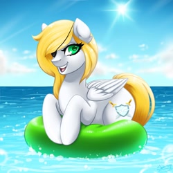 Size: 1280x1280 | Tagged: safe, artist:skairsy, imported from derpibooru, oc, oc only, oc:swift wing, pegasus, pony, eyepatch, female, inner tube, lying down, mare, ocean, prone, solo, wings