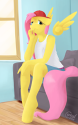 Size: 1517x2427 | Tagged: safe, artist:alicorn-without-horn, imported from derpibooru, fluttershy, anthro, pegasus, unguligrade anthro, 90s grunge fluttershy, baseball cap, cap, clothes, couch, female, floating wings, hat, room, sitting, solo, window, wings