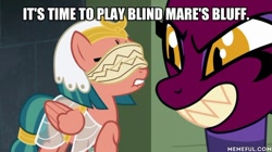 Size: 600x337 | Tagged: safe, edit, edited screencap, imported from derpibooru, screencap, somnambula, sphinx (character), sphinx, daring done?, blindfold, caption, image macro, memeful.com, text