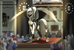 Size: 3000x2000 | Tagged: safe, artist:twotail813, imported from derpibooru, oc, oc only, oc:stellar phoenix, hippogriff, pony, fallout equestria, armor, claws, clothes, crowd, enclave, fallout, power armor, stage, wings