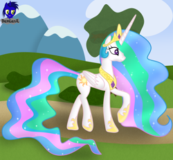 Size: 4154x3840 | Tagged: safe, artist:damlanil, imported from derpibooru, princess celestia, alicorn, pony, bush, clothes, cloud, crown, female, hoof shoes, horn, jewelry, mare, mountain, necklace, regalia, shoes, show accurate, solo, tree, vector, wings