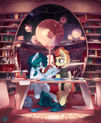 Size: 4291x5209 | Tagged: safe, artist:nevobaster, imported from derpibooru, oc, oc only, oc:delta vee, oc:jet stream, pegasus, pony, absurd resolution, bag, blueprint, book, bookshelf, clothes, compasses, conversation, drawing, eraser, female, fountain pen, glasses, globe, lamp, library, male, mare, mouth hold, pen, pencil, pencil in mouth, planet, quill, rug, ruler, scenery, shirt, sign, stallion, stars, sweater, symbol, tired, turtleneck, wings