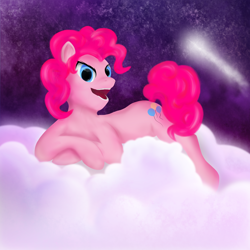 Size: 3000x3000 | Tagged: safe, artist:apple joy, artist:melody joy, imported from derpibooru, pinkie pie, earth pony, pony, cloud, female, looking at you, lying down, mare, open mouth, smiling, solo, space