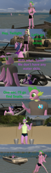 Size: 1920x6480 | Tagged: safe, artist:papadragon69, imported from derpibooru, spike, starlight glimmer, sunburst, twilight sparkle, anthro, 3d, bikini, boat, bucket, clothes, comic, ocean, old master q, older, older spike, parody, reference, skiing, source filmmaker, swimming trunks, swimsuit, water