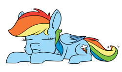 Size: 1200x715 | Tagged: safe, artist:dacaoo, imported from derpibooru, rainbow dash, pegasus, pony, eyes closed, female, lying down, simple background, sleeping, solo, white background