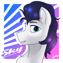 Size: 1920x1920 | Tagged: safe, artist:chebypattern, imported from derpibooru, oc, oc only, oc:skysprinter, pony, abstract background, black mane, bust, commission, green eyes, not soarin, portrait, smiling, smiling at you, solo, white coat