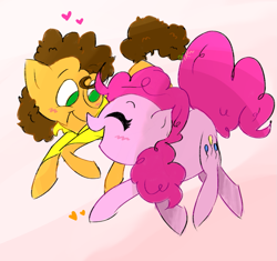 Size: 871x820 | Tagged: safe, artist:kirbyrainboom, imported from derpibooru, cheese sandwich, pinkie pie, earth pony, pony, blushing, cheesepie, colored sketch, female, gradient background, happy, heart, looking at each other, male, mare, open mouth, shipping, signature, stallion, straight