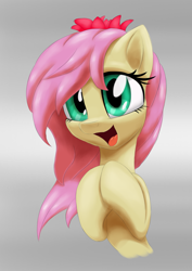 Size: 3157x4464 | Tagged: artist needed, source needed, safe, artist:itchystomach, imported from derpibooru, fluttershy, pegasus, pony, bust, cute, digital art, female, flower, flower in hair, gradient background, happy, high res, hooves together, looking at you, mare, open mouth, portrait, shyabetes, smiling, solo, three quarter view