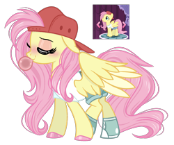 Size: 2799x2341 | Tagged: safe, artist:emberslament, imported from derpibooru, fluttershy, pegasus, pony, 90s grunge fluttershy, alternate hairstyle, backwards ballcap, baseball cap, bubblegum, cap, clothes, converse, eyes closed, eyeshadow, female, food, gameloft interpretation, gum, hat, high res, makeup, mare, screencap reference, shoes, shorts, simple background, sneakers, solo, thick eyelashes, transparent background, two toned wings, wings