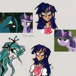 Size: 2132x2139 | Tagged: safe, artist:citi, imported from derpibooru, screencap, mean twilight sparkle, queen chrysalis, twilight sparkle, alicorn, changeling, changeling queen, human, pony, the mean 6, clone, female, grin, humanized, scene interpretation, screencap reference, smiling, uwu, you need me