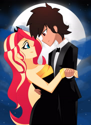 Size: 2370x3264 | Tagged: safe, artist:xan-gelx, imported from derpibooru, sunset shimmer, oc, equestria girls, bare shoulders, bedroom eyes, clothes, commission, dress, female, full moon, high res, holding hands, lidded eyes, looking at each other, male, moon, night, night sky, pants, sky, sleeveless, strapless, suit