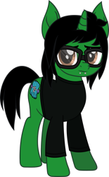 Size: 750x1211 | Tagged: safe, artist:lightningbolt, imported from derpibooru, pony, unicorn, .svg available, clothes, colored pupils, glasses, hair over one eye, horn, long sleeves, male, movie accurate, pierce the veil, piercing, ponified, shirt, simple background, snake bites, solo, stallion, standing, svg, tony perry, transparent background, vector