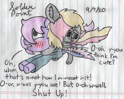 Size: 2676x2136 | Tagged: safe, artist:mlplayer dudez, artist:solder point, imported from derpibooru, oc, oc only, oc:solder point, earth pony, pegasus, pony, blushing, clothes, colored wings, cute, dialogue, duo, embarrassed, female, flying, frown, gradient wings, hoodie, male, mare, open mouth, ponies riding ponies, riding, shocked, signature, smiling, stallion, talking, traditional art, underhoof, wings