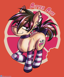 Size: 1000x1200 | Tagged: safe, artist:darkvulpes, imported from derpibooru, oc, oc only, oc:bitter bite, earth pony, pony, bedroom eyes, bow, clothes, cutie mark, ear fluff, ear piercing, earring, eyebrows, eyebrows visible through hair, eyelashes, femboy, girly, goth, grapefruit, jewelry, looking at you, male, mascara, one hoof raised, piercing, raised hoof, simple background, skull, smiling, smirk, socks, solo, stallion, stockings, striped socks, striped stockings, stripes, tail bow, thigh highs, trap