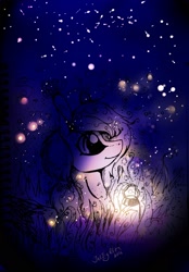 Size: 1507x2160 | Tagged: safe, artist:intfighter, imported from derpibooru, oc, oc only, firefly (insect), insect, pony, grass, lantern, looking up, night, outdoors, smiling, solo, stars, traditional art