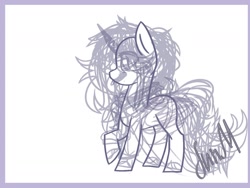 Size: 1280x960 | Tagged: safe, artist:intfighter, imported from derpibooru, oc, oc only, pony, unicorn, horn, lineart, monochrome, raised hoof, signature, solo, unicorn oc, wip