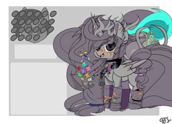 Size: 1280x927 | Tagged: safe, artist:intfighter, imported from derpibooru, oc, oc only, alicorn, pony, alicorn oc, blushing, ear piercing, earring, eye scar, flower, flower in hair, freckles, grin, horn, jewelry, piercing, scar, signature, smiling, solo, wings