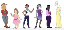 Size: 3968x1888 | Tagged: safe, artist:varwing, imported from derpibooru, applejack, fluttershy, pinkie pie, rainbow dash, rarity, twilight sparkle, anthro, horse, blouse, bojack horseman, boots, chubby, clothes, converse, cowboy hat, crossover, dress, female, hat, hoers, jewelry, mane six, mare, overalls, redesign, shirt, shoes, sports bra, style emulation, tallershy, tanktop