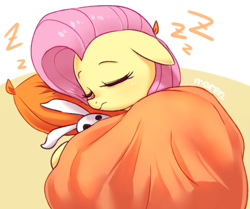 Size: 3300x2760 | Tagged: safe, artist:maren, imported from derpibooru, fluttershy, pegasus, pony, rabbit, animal, blanket, cute, eyes closed, female, floppy ears, high res, mare, onomatopoeia, pillow, plushie, shyabetes, sleeping, solo, sound effects, z, zzz