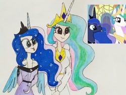 Size: 520x390 | Tagged: safe, artist:lunaart, imported from derpibooru, screencap, princess celestia, princess luna, human, cute, horn, horned humanization, humanized, lunabetes, royal sisters, scene interpretation, sisters, tongue out, winged humanization, wings