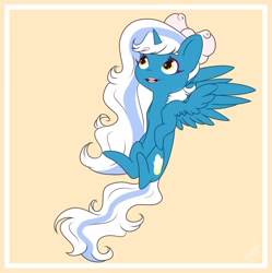 Size: 1920x1925 | Tagged: safe, artist:serinabeauty, imported from derpibooru, oc, oc:fleurbelle, alicorn, pony, adorabelle, alicorn oc, bow, chibi, female, flying, hair bow, horn, looking up, mare, simple background, wingding eyes, wings, yellow background, yellow eyes