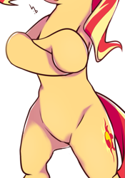 Size: 683x973 | Tagged: safe, artist:haden-2375, edit, imported from derpibooru, sunset shimmer, pony, unicorn, belly, bipedal, crossed hooves, featureless crotch, female, mare, pictures of bellies