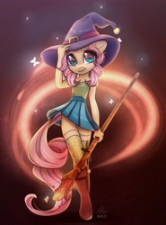 Size: 2000x2700 | Tagged: safe, artist:radioaxi, artist:reterica, imported from derpibooru, fluttershy, anthro, unguligrade anthro, unicorn, abstract background, alternate hairstyle, clothes, cute, female, hat, let's start the game, looking at you, mage, shyabetes, skirt, smiling, solo, staff, wand, witch hat, zettai ryouiki