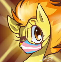 Size: 482x484 | Tagged: safe, artist:kaywhitt, imported from derpibooru, spitfire, pegasus, pony, commission, coronavirus, covid-19, face mask, female, jewelry, mare, mask, one eye closed, pansexual pride flag, pride, pride flag, solo, trans female, trans girl, transgender, transgender pride flag, wink, ych result