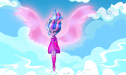 Size: 1240x745 | Tagged: safe, artist:sarahmyriacarter, edit, imported from derpibooru, twilight sparkle, equestria girls, angel, christianity in the source, clothes, commission, commissioner:sarsath, description is relevant, dress, female, religion in the source, solo, twilight shine, wings