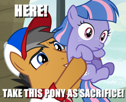 Size: 1333x1077 | Tagged: safe, edit, edited screencap, imported from derpibooru, screencap, quibble pants, wind sprint, earth pony, pegasus, pony, common ground, caption, cropped, duo, family, father and child, father and daughter, female, filly, holding a pony, image macro, male, stallion, text