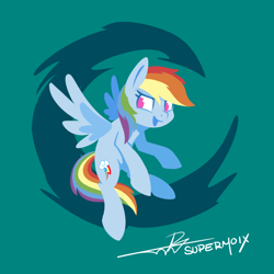 Size: 1224x1224 | Tagged: safe, artist:supermoix, imported from derpibooru, rainbow dash, pegasus, pony, abstract background, cute, dashabetes, featured image, female, flying, lineless, mare, open mouth, signature, simple background, solo, sweet dreams fuel, teal background