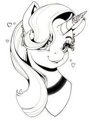 Size: 1007x1329 | Tagged: safe, artist:longinius, imported from derpibooru, starlight glimmer, pony, unicorn, accessories, accessory, blushing, bust, choker, ear piercing, earring, female, filagree, heart, heart eyes, horn, horn jewelry, jewelry, looking at you, monochrome, piercing, portrait, simple background, solo, white background, wingding eyes