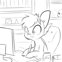 Size: 2250x2250 | Tagged: safe, artist:tjpones, imported from derpibooru, oc, oc only, oc:tjpones, earth pony, pony, ayy lmao, computer, computer screen, drawing tablet, five o'clock shadow, grayscale, hoof hold, male, monochrome, soda can, solo, stallion, stubble, stylus