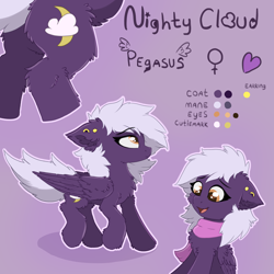 Size: 2100x2100 | Tagged: safe, artist:meow, artist:nighty, imported from derpibooru, oc, oc only, oc:nighty cloud, pegasus, pony, cheek fluff, chest fluff, clothes, colored pupils, cutie mark, ear fluff, ear piercing, earring, featureless crotch, female, flank, fluffy, frown, jewelry, mare, open mouth, piercing, pink background, reference sheet, scarf, simple background, smiling, tail, trotting, wings, yellow eyes