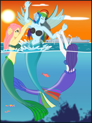 Size: 1700x2264 | Tagged: safe, artist:physicrodrigo, imported from derpibooru, part of a set, fluttershy, rainbow dash, rarity, angler fish, fish, mermaid, series:equestria mermaids, equestria girls, absolute cleavage, arm grab, bare chest, belly button, bra, breasts, cleavage, ear fins, female, fin wings, gritted teeth, mermaidized, mermarity, one eye closed, part of a series, scp foundation, seashell bra, spanish, species swap, splashing, story included, struggling, sunset, surfacing, topless, trio, underwater, wings