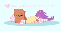 Size: 680x356 | Tagged: safe, artist:neondromeda, imported from derpibooru, oc, oc:paper bag, clothes, draw me like one of your french girls, fake cutie mark, heart, one eye closed, paper bag, socks, striped socks, wink