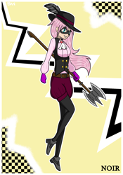 Size: 1750x2500 | Tagged: safe, artist:banquo0, imported from derpibooru, fluttershy, human, art pack:my little persona ii, axe, belt, clothes, feather, female, gloves, haru okumura, hat, humanized, mask, noir, persona, persona 5, phantom thief, phantom thieves, shoes, solo, vest, weapon