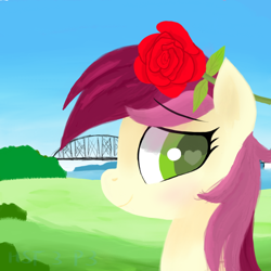 Size: 1000x1000 | Tagged: safe, artist:hsf, imported from derpibooru, roseluck, earth pony, pony, blushing, bridge, bust, female, flower, heart, heart eyes, looking at you, outdoors, rose, solo, wingding eyes