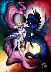 Size: 877x1240 | Tagged: safe, artist:calena, imported from derpibooru, princess celestia, princess luna, alicorn, pony, abstract background, angry, crown, crying, hoof shoes, horn, horseshoes, jewelry, looking at each other, moon, regalia, relationship, scared, spread wings, sun, wings