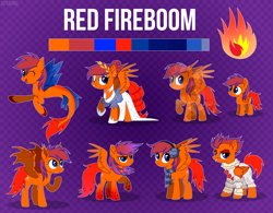 Size: 4100x3200 | Tagged: safe, artist:keyrijgg, imported from derpibooru, oc, oc only, oc:redfireboom, bat pony, crystal pony, pegasus, pony, seapony (g4), auction, clothes, color palette, comissions, commission, dress, earmuffs, foal, purple background, rainbow power, reference, reference sheet, scarf, simple background, uch, your character here