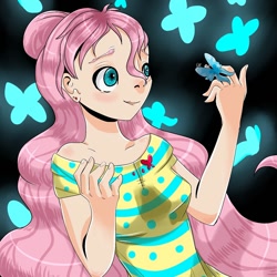 Size: 1500x1500 | Tagged: safe, artist:ellis_sunset, imported from derpibooru, fluttershy, butterfly, human, bust, clothes, female, humanized, smiling, solo