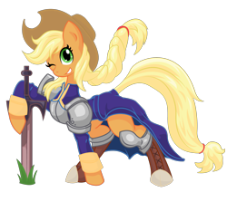 Size: 3112x3038 | Tagged: safe, artist:halotheme, imported from derpibooru, applejack, earth pony, pony, agrias oaks, clothes, costume, crossover, female, final fantasy, final fantasy tactics, high res, mare, one eye closed, simple background, smiling, solo, sword, transparent background, vector, weapon, wink