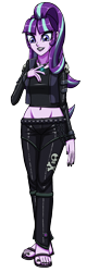 Size: 1096x3000 | Tagged: safe, artist:artemis-polara, imported from derpibooru, starlight glimmer, equestria girls, alternate hairstyle, belly button, belt, clothes, edgelight glimmer, feet, female, human starlight, magical geodes, nail polish, pants, piercing, sandals, simple background, skull, skull and crossbones, toenail polish, transparent background, vest