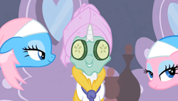 Size: 1888x1070 | Tagged: safe, imported from derpibooru, screencap, aloe, lotus blossom, rarity, earth pony, pony, unicorn, green isn't your color, bathrobe, clothes, cucumber, female, food, lidded eyes, mare, mud mask, robe, spa, towel on head