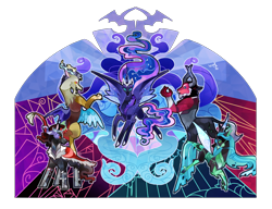 Size: 1300x1000 | Tagged: safe, artist:bunnari, imported from derpibooru, discord, king sombra, lord tirek, nightmare moon, queen chrysalis, alicorn, centaur, changeling, changeling queen, draconequus, pony, unicorn, alternate universe, antagonist, bracer, colored hooves, curved horn, female, glowing eyes, horn, male, nose piercing, nose ring, piercing, septum piercing, simple background, stained glass, story included, transparent background