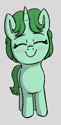 Size: 430x875 | Tagged: safe, artist:heretichesh, imported from derpibooru, oc, oc only, pony, unicorn, blushing, eyes closed, female, filly, green pony, happy, simple background, smiling, solo, wholesome