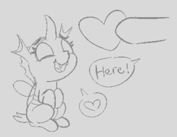 Size: 753x583 | Tagged: safe, artist:heretichesh, imported from derpibooru, changeling, nymph, cute, cuteling, dialogue, emote, female, happy, heart, love, monochrome, pictogram, sketch, small, smiling, speech bubble, text, young