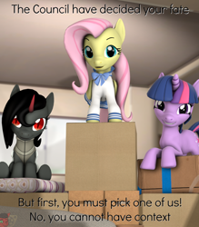 Size: 1890x2160 | Tagged: safe, artist:nocturnalfuzz, imported from derpibooru, fluttershy, king sombra, twilight sparkle, pegasus, pony, unicorn, box fort, clothes, context is for the weak, grin, looking at you, meme, queen umbra, rule 63, smiling, smiling at you, unicorn twilight