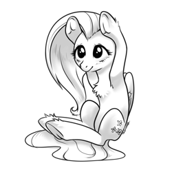 Size: 2211x2211 | Tagged: safe, artist:taytinabelle, imported from derpibooru, fluttershy, pegasus, pony, black and white, chest fluff, cute, female, frog (hoof), grayscale, mare, monochrome, raised hoof, shyabetes, simple background, sitting, smiling, solo, underhoof, unshorn fetlocks, white background